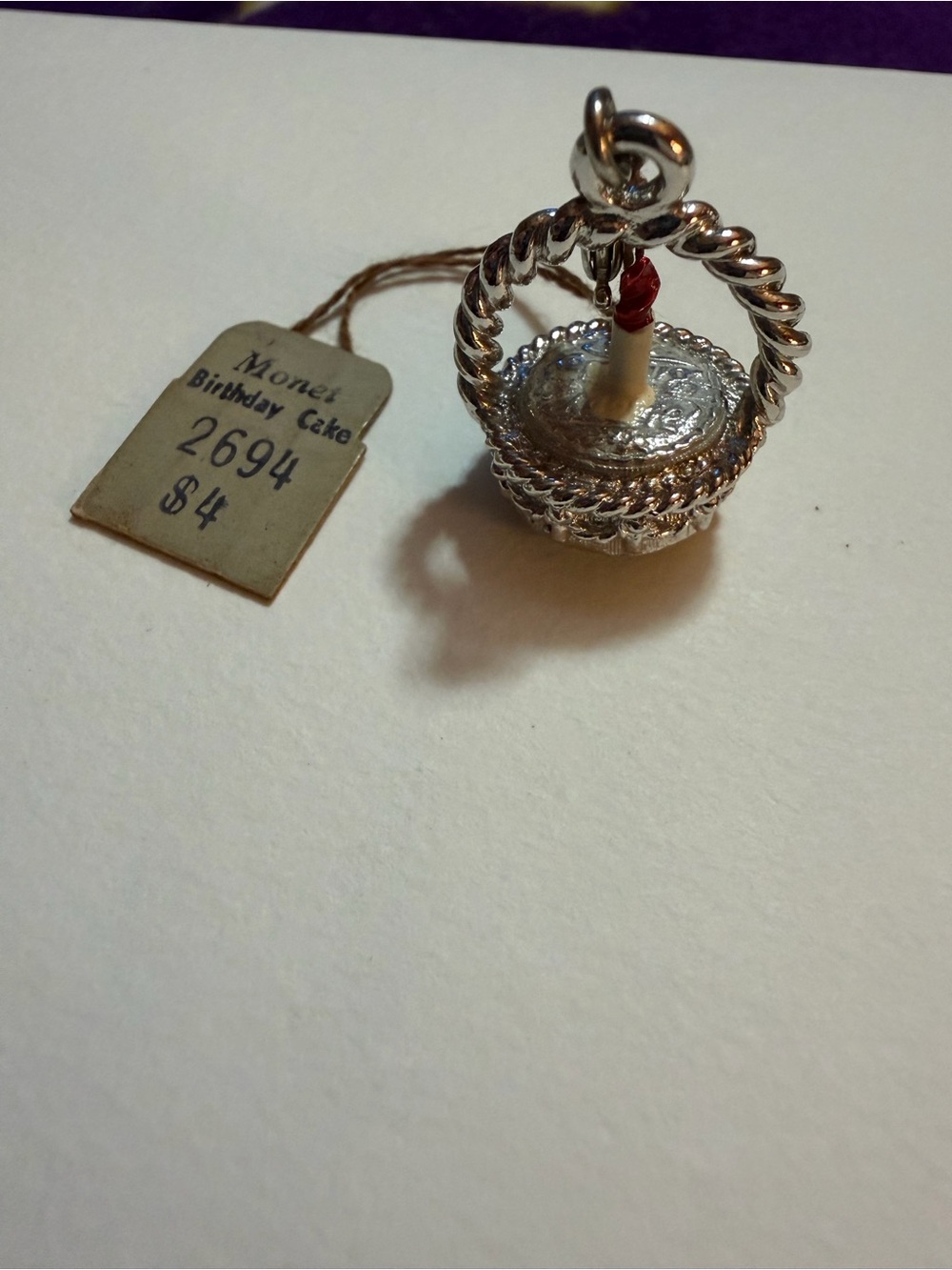 Monet Silver-Tone Birthday Cake Charm with Red Candle Accent